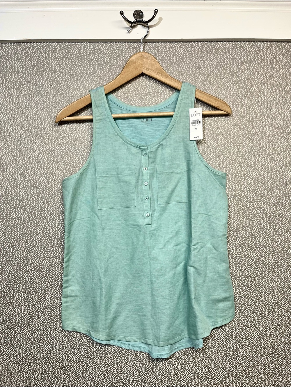 🆕 XS Ann Taylor LOFT Sleeveless Linen Mint Green/Teal Henley Tank NWT